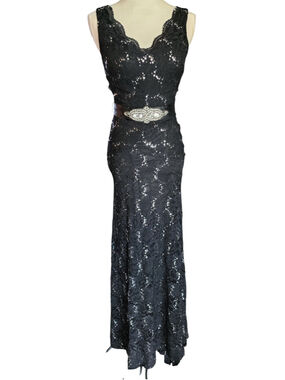 MY MICHELLE Black Lace Sequin Formal Gown 3 Prom Dress Open Back Rhinestone Belt